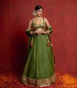 Olive Green Zari Border Organza Lehenga