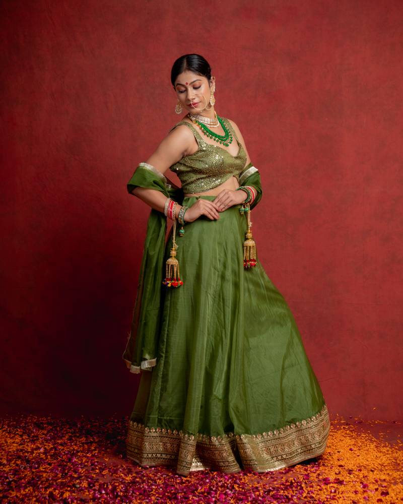 Olive Green Zari Border Organza Lehenga