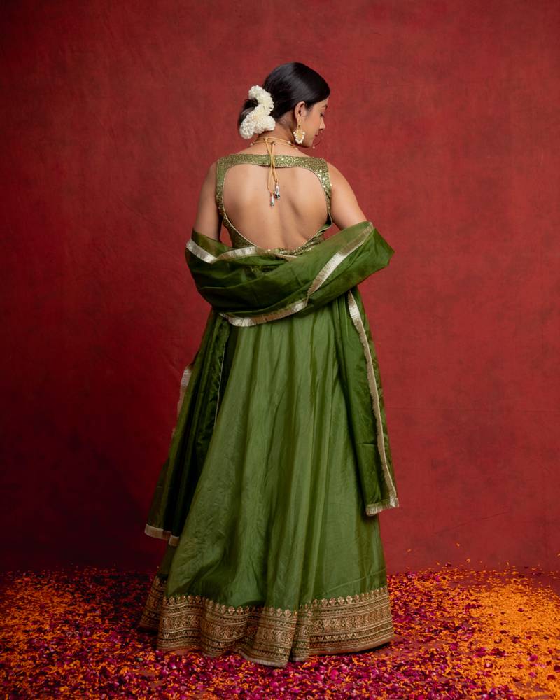 Olive Green Zari Border Organza Lehenga