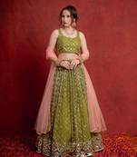 Olive Green and Peach Gotapatti Scallop Lehenga
