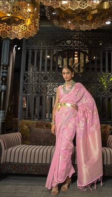Pink Ethnic Motif Design Banarasi Style Silk Blend Saree With Blouse For Women 1