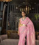 Pink Ethnic Motif Design Banarasi Style Silk Blend Saree With Blouse For Women