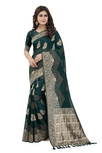 Teal Green Zari Weaving Tassel Pallu Work Viscose Saree