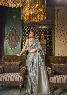 Grey Ethnic Motif Design Banarasi Style Silk Blend Saree With Blouse For Women 1