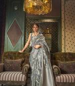 Grey Ethnic Motif Design Banarasi Style Silk Blend Saree With Blouse For Women