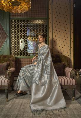 Grey Ethnic Motif Design Banarasi Style Silk Blend Saree With Blouse For Women 2