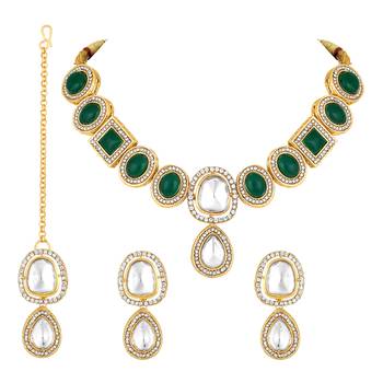 Stefan gold plated green and white kundan choker necklace set for women (cajns1030) 1