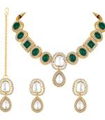Stefan gold plated green and white kundan choker necklace set for women (cajns1030)