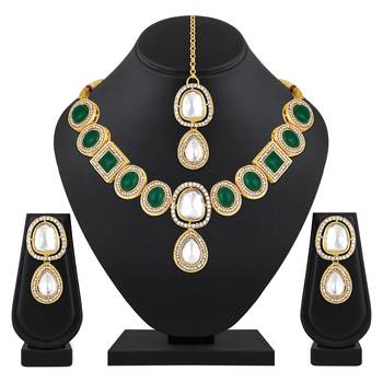 Stefan gold plated green and white kundan choker necklace set for women (cajns1030) 2
