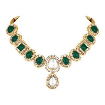 Stefan gold plated green and white kundan choker necklace set for women (cajns1030) 3