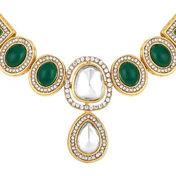 Stefan gold plated green and white kundan choker necklace set for women (cajns1030) 5