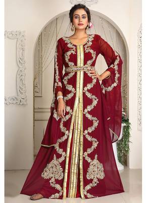 Maroon designer hand beaded moroccan party wedding kaftan 1