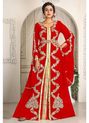 Red designer hand beaded moroccan party wedding kaftan 1