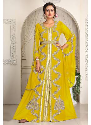 Yellow designer hand beaded moroccan party wedding kaftan 1
