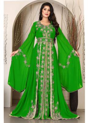 Parrot green islamic wedding designer arabic maxi hand beaded dubai ladies long sleeve moroccan arabic party wear kaftan 1