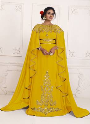 Yellow Georgette Resham Embroidered Party Wear Kaftan 1