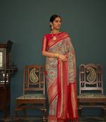 Elora tusser silk floral printed kalamkari saree with blouse piece (grey)