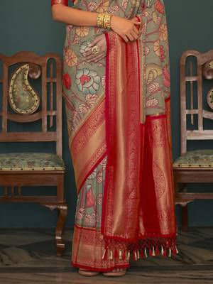 Elora tusser silk floral printed kalamkari saree with blouse piece (grey) 2