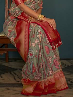 Elora tusser silk floral printed kalamkari saree with blouse piece (grey) 4