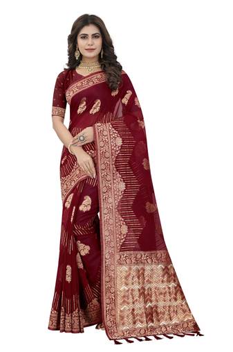 Maroon Zari Weaving Tassel Pallu Work VIscose Saree