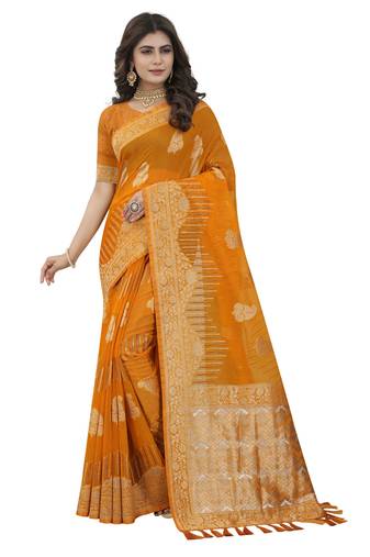 Mustard Zari Weaving Tassel Pallu Viscose Saree