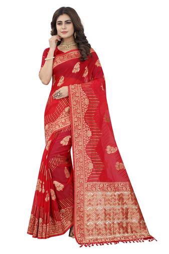 Red Zari Weaving Tassel Pallu Work Viscose Saree