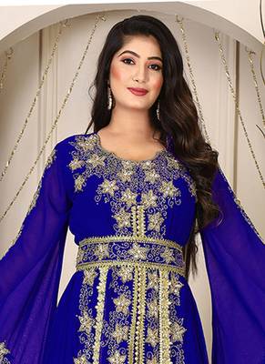 Blue islamic wedding designer arabic maxi hand beaded dubai ladies long sleeve moroccan arabic party wear kaftan 2