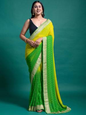 Georgette Ombre Saree With Foil Prints, Jacquard Lace Border And Unstitched Solid Blouse 1