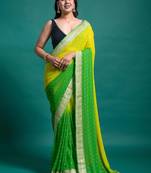 Georgette Ombre Saree With Foil Prints, Jacquard Lace Border And Unstitched Solid Blouse