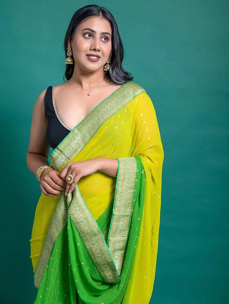 Georgette Ombre Saree With Foil Prints, Jacquard Lace Border And Unstitched Solid Blouse
