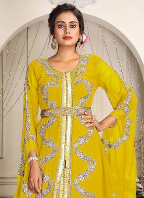 Yellow designer hand beaded moroccan party wedding kaftan 2