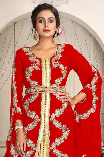 Red designer hand beaded moroccan party wedding kaftan