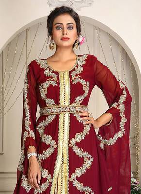 Maroon designer hand beaded moroccan party wedding kaftan 2