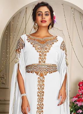 Arabic white georgette islamic modern dubai kaftan 2
