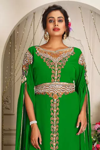 Arabic parrot green georgette islamic modern dubai kaftan
