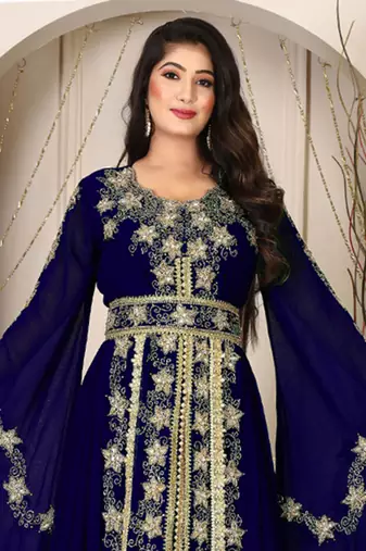 Darkblue islamic wedding designer arabic maxi hand beaded dubai ladies long sleeve moroccan arabic party wear kaftan