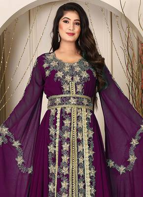 Violet islamic wedding designer arabic maxi hand beaded dubai ladies long sleeve moroccan arabic party wear kaftan 2