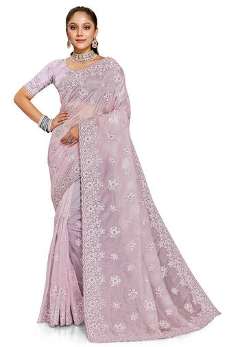Purple Glitter Coding Resham Embroidery Organza Saree