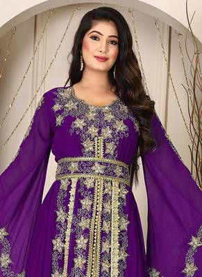 Purple islamic wedding designer arabic maxi hand beaded dubai ladies long sleeve moroccan arabic party wear kaftan 2