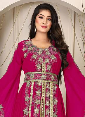 Pink islamic wedding designer arabic maxi hand beaded dubai ladies long sleeve moroccan arabic party wear kaftan 2