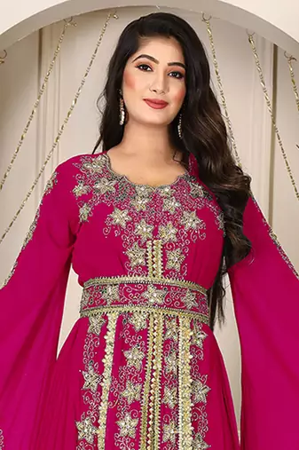 Pink islamic wedding designer arabic maxi hand beaded dubai ladies long sleeve moroccan arabic party wear kaftan