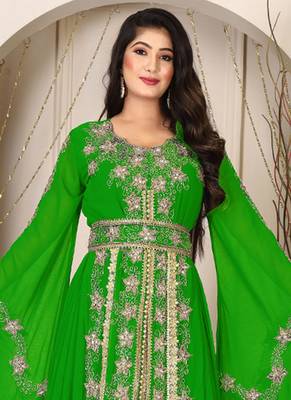 Parrot green islamic wedding designer arabic maxi hand beaded dubai ladies long sleeve moroccan arabic party wear kaftan 2