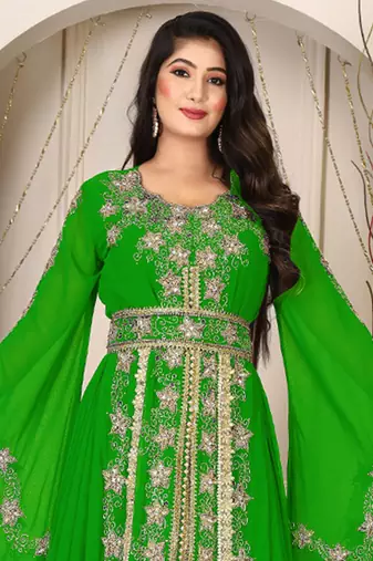Parrot green islamic wedding designer arabic maxi hand beaded dubai ladies long sleeve moroccan arabic party wear kaftan