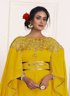 Yellow Georgette Resham Embroidered Party Wear Kaftan 2