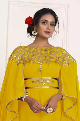Yellow Georgette Resham Embroidered Party Wear Kaftan