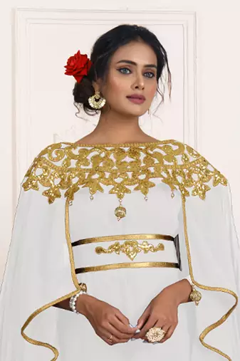 White and Gold Georgette Resham Embroidered Kaftan