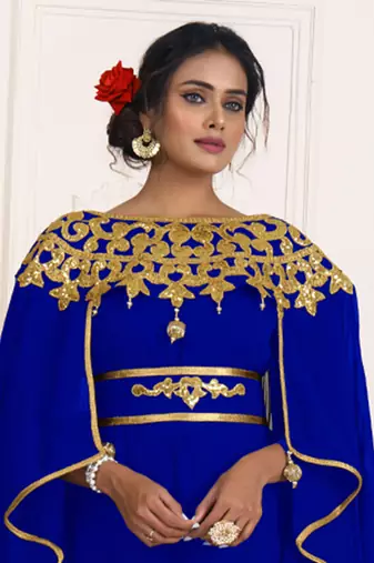 Blue and gold embroidery israeli dress islamic design kaftan takchita wedding party wear kaftan