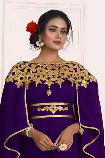 Purple Georgette Gold Resham Zari Embroidered Kaftan for Royal Parties