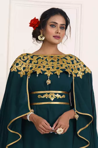 Bottlegreen and gold embroidery israeli dress islamic design kaftan takchita wedding party wear kaftan