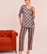 Grey hand printed short kurta with pant  loungewear set
